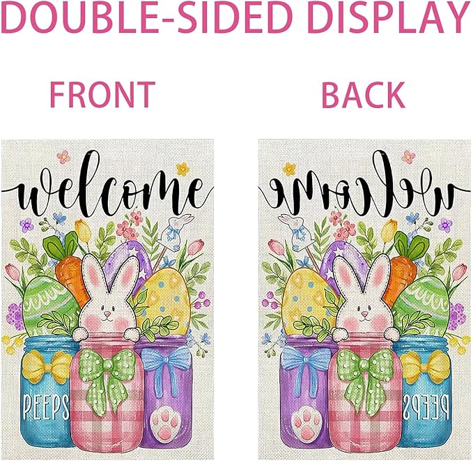 Welcome Easter Garden Flag 12x18 Inch Double Sided Easter Eggs Bunny Garden Flags for Outside, Spring Seasonal Decorations, Cute Rabbit Yard Lawn Flags for Holiday Farmhouse Outdoor Decor (Burlap)