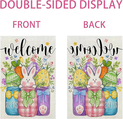 Welcome Easter Garden Flag 12x18 Inch Double Sided Easter Eggs Bunny Garden Flags for Outside, Spring Seasonal Decorations, Cute Rabbit Yard Lawn Flags for Holiday Farmhouse Outdoor Decor (Burlap)