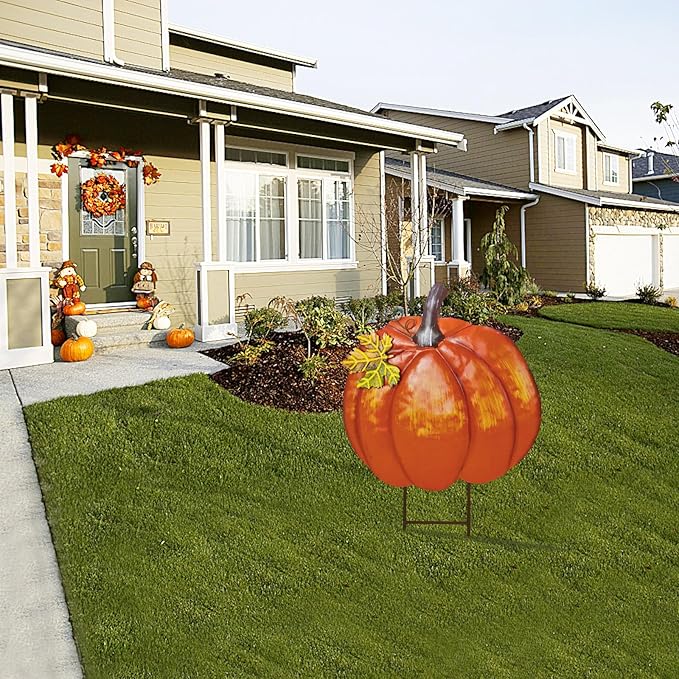K KILIPES 18.9" H Metal Pumpkin Garden Stake Decorative Fall Pumpkin Yard Sign for Home Outside Garden Lawn Porch Autumn Thanksgiving Decorations (1)