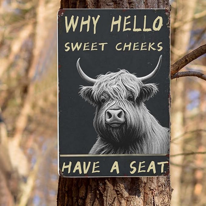 Vintage Bathroom Wall Art - Funny Highland Cattle Metal Tin Sign for Cow Lovers - Boho Retro Decor Gift 8x12 Inch Poster for Bathroom, Garden or Home 'Why Hello Sweet Cheeks Have A Seat' Accessory