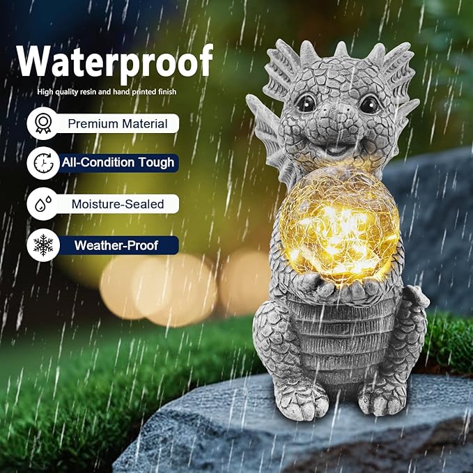 Solar Garden Decorations - Dragon Statue with Crackle Glass Ball Light - Garden Decor for Patio, Yard, Lawn, Pathway, Landescape - Housewarming Gifts - Dragon Gifts for Women Mom Grandmom