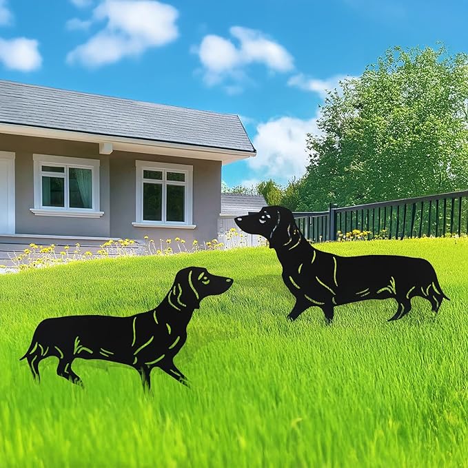 Flohuaer 2PCS Dog Garden Decor for Outside Dachshund Gifts for Dog Lovers Metal Black Dachshund Silhouette Decorative Garden Stakes for Outdoor Yard Art Patio Lawn Ornaments Garden Decorations