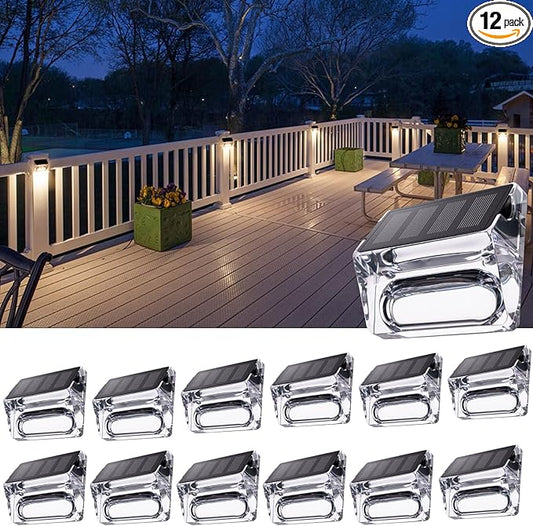 Qualdout Solar Outdoor Lights, 12 Pack Solar Fence Lights, Deck Lights Waterproof Solar Powered Outside Lighting for Step Railing Wall Pool Stair Yard Garden Patio Pool Decorations (Warm White)