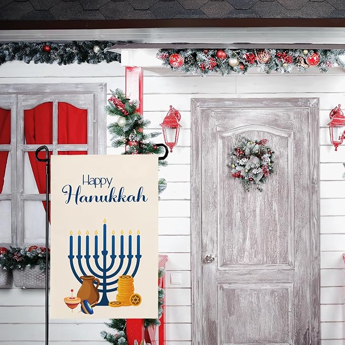 Happy Hanukkah Garden Flags Menorah Star of David Chanukah Yard Flag Jewish Gyroscope Holiday Festival Holiday House Banner Double Sided for Winter Decor 12 x 18 Inch