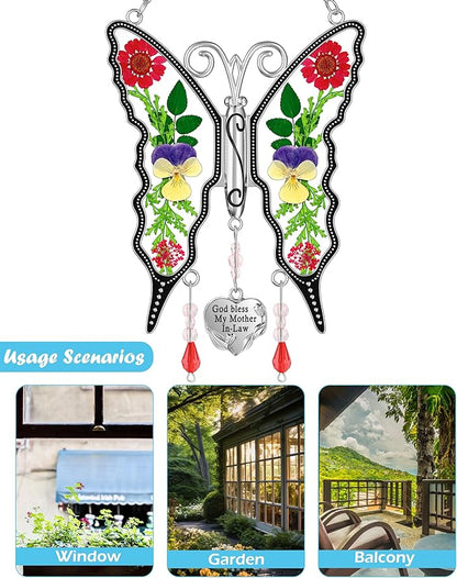 KY&BOSAM Gifts for Mom Butterfly Suncatcher God Bless My Mother-in-Law Stained Glass Sun Catchers for Windows Hangings Wind Chime Ornament for Women Valentine`s Birthday Decor
