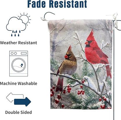 Winter Cardinal Bird Garden Flags Christmas Banners for Outside 12x18 Double Sided Red Birds on Tree Branch Flag Welcome New Year Yard Flag Farmhouse Outdoor Decor