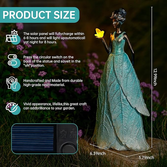 VChymm Solar Fairy Statue Collection Home Decoration 12.9 in - Leaf Angel Girls Resin Home Garden Decor for Outside or Inside Rustic Fairy Garden Outdoor Yard Figurines Gifts for Women
