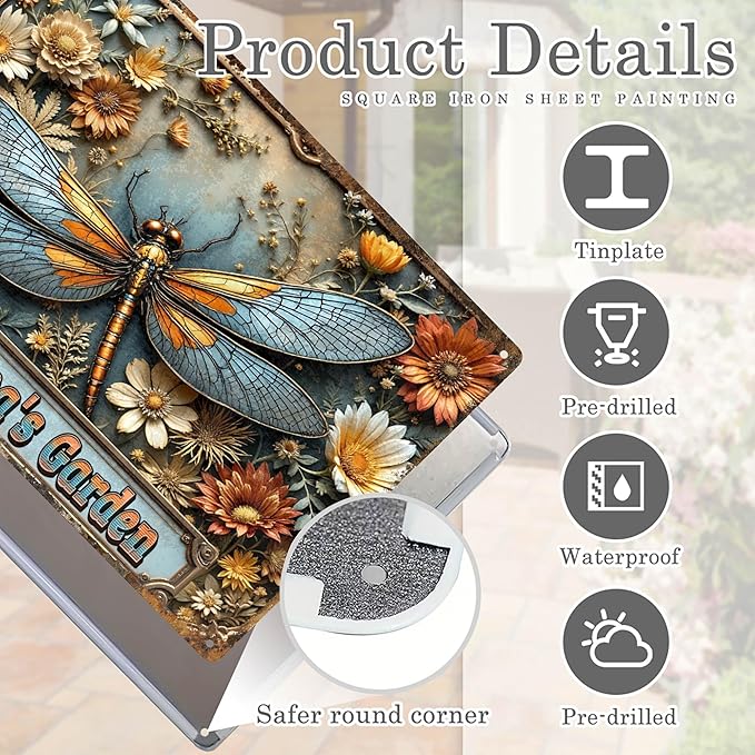 Personalized Metal Signs with Name Made in USA Custom Dragonfly Garden Sign Vintage Decorative Metal Print for Wall Decor Customized Home Garden Ideas Gifts Artwork Prints for Yard Ourdoor