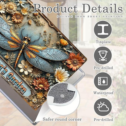 Personalized Metal Signs with Name Made in USA Custom Dragonfly Garden Sign Vintage Decorative Metal Print for Wall Decor Customized Home Garden Ideas Gifts Artwork Prints for Yard Ourdoor