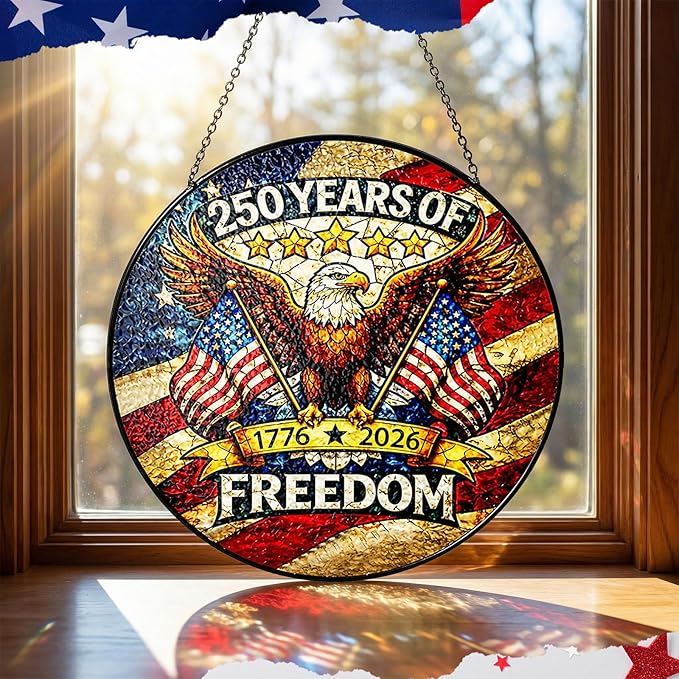 Leinuosen 250 Anniversary of Stained Glass Suncatcher 250th Anniversary Hanging Decoration 1776-2026 Us Window Stained Ornament for Patriotic People American Independence Freedom Day Gift Decoration