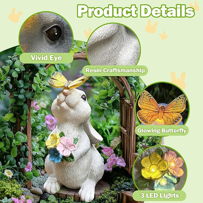 Solar Garden Decor Rabbit Statues with Butterfly LED Light - Waterproof Bunny Figurines Outdoor for Yard Patio Balcony Easter Decor - Unique Housewarming Mother's Day Birthday Gifts for Women