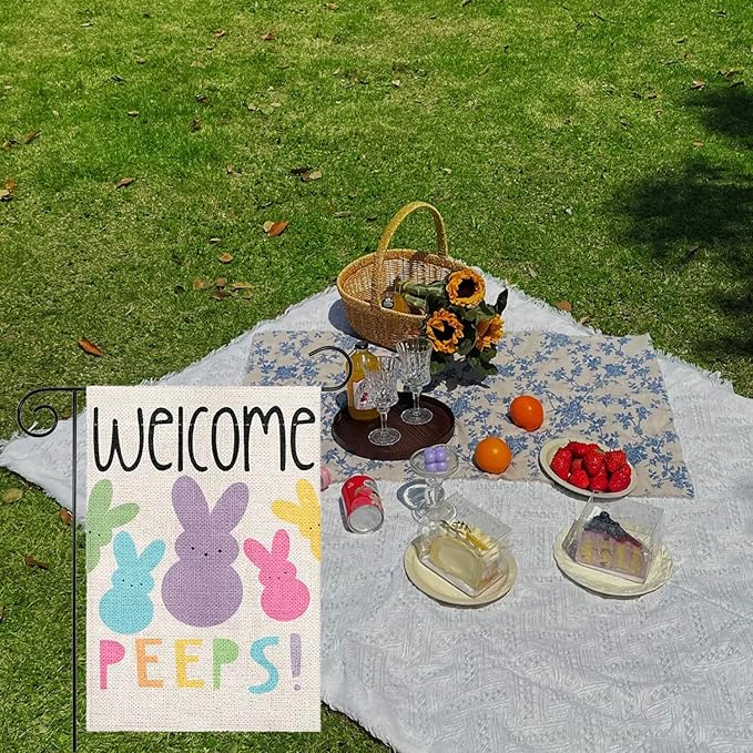 1 Pcs Welcome Garden Flag Colorful Bunny Garden Flags for Outside 12x18 Inch Double Sided Spring Garden Flag Cute Rabbit Yard Flags Seasonal Garden Decorations