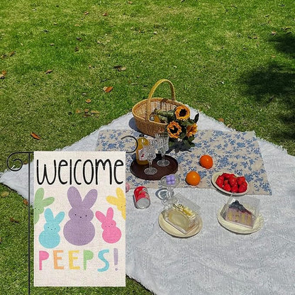 1 Pcs Welcome Garden Flag Colorful Bunny Garden Flags for Outside 12x18 Inch Double Sided Spring Garden Flag Cute Rabbit Yard Flags Seasonal Garden Decorations