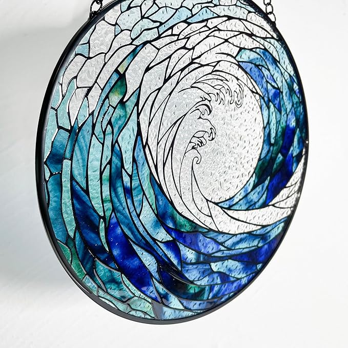 Ocean Waves Stained Glass Suncatcher, Handmade Window Hanging Wall Art with Chain, Real Glass Coastal Home Decor, Unique Sun Catcher Gift for Women, Christmas, 7.8