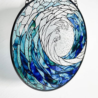 Ocean Waves Stained Glass Suncatcher, Handmade Window Hanging Wall Art with Chain, Real Glass Coastal Home Decor, Unique Sun Catcher Gift for Women, Christmas, 7.8