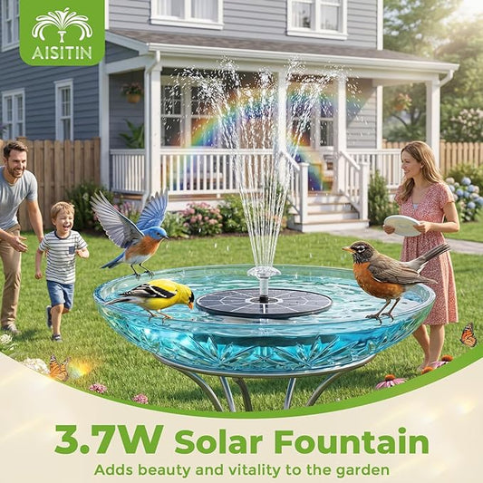AISITIN 3.7W Solar Bird Bath Fountains, Solar Water Fountain Pump with Upgraded 6.3" Glass Panel, Integrated Bracket & Storage Design for Garden, Pond, Aquarium and Outdoor Use