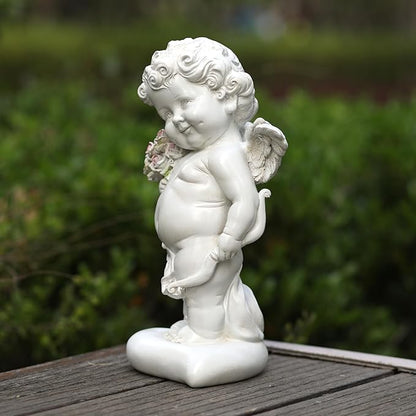 Garden Cupid Angel Statue with Pink Roses, White Cherub Figurine, Outdoor Indoor Decorative Sculpture