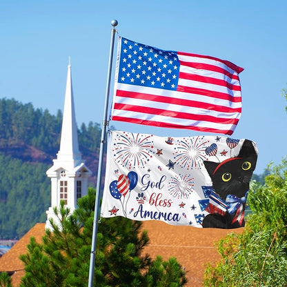 SENSEVEN Summer Black Cat 4th of July Flags for Outside 3x5 Ft,Memorial Day Holiday Flag,Cute Kitten Welcome Outdoor Banner for Porch Lawn Farmhouse Decor