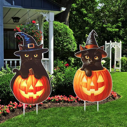 Large Outdoor Halloween Yard Signs, 2 PCS 31 inch Pumpkin Black Cat Halloween Yard Stakes Kids Friendly for Lawn Garden Home Decor Outside Party Supplies