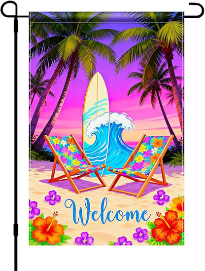 BlissYard Welcome Summer Beach Garden Flag 12x18 Double Sided Vertical Outdoor Decor Surfboard Chair Tropical Yard Garden Lawn Banner Coastal Seasonal Display