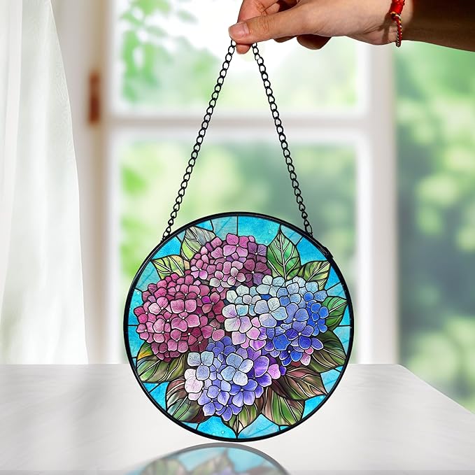 Hydrangea Flower Stained Glass Window Hanging, Cottagecore Hydrangea Floral Sun Catchers Indoor Window Round Glass Wall Art Decor, Flower Suncatcher Wall Hanging Gardening & Lawn Care