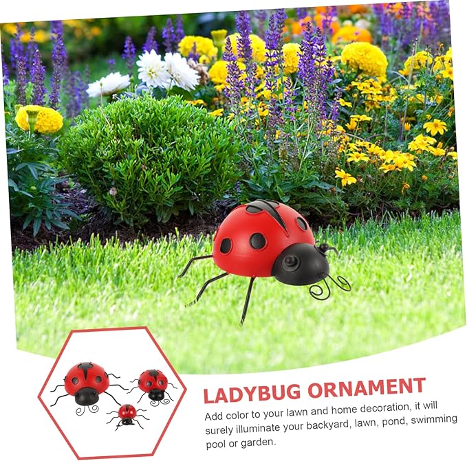 Holibanna 3pcs Iron Art Ladybug Decorations Realistic Outdoor Garden Decor Red Ladybug Adornments for Lawns Patios and Gardens Extra Small Small Medium