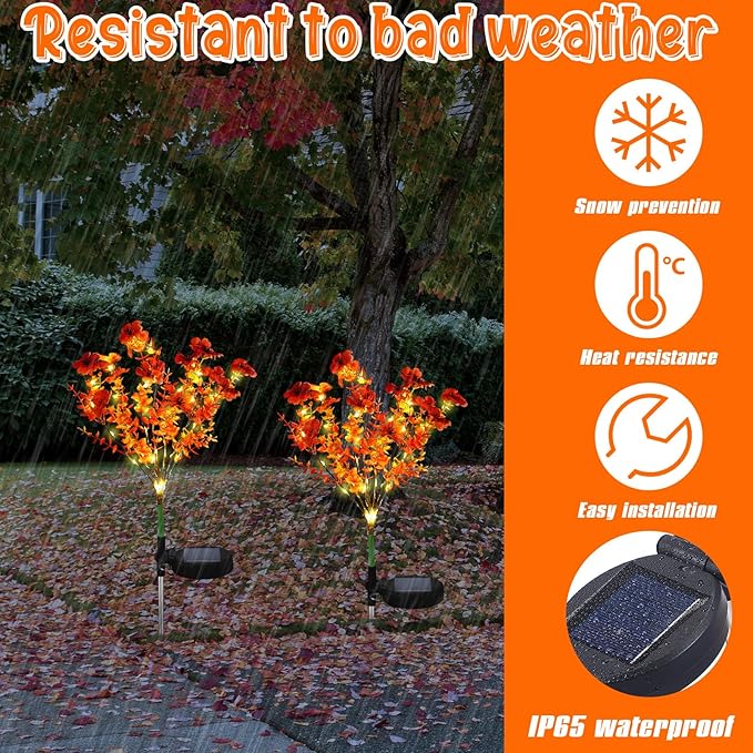 Glooglitter 2 Pack Solar Stake Lights Outdoor Decor Waterproof Mums Artificial Flowers Solar Lights for Outdoor Garden Yard Pathway Decor (Orange,Violet)