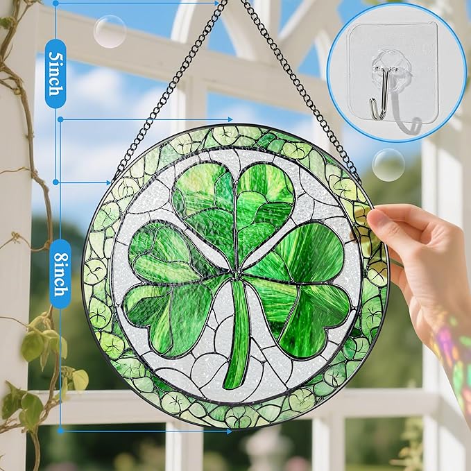 Stained Glass Window Hanging, 8 Inch Shamrock Stained Glass Suncatcher, Sun Catcher Decor, Window Hanging Decor, St. Patrick's Day Decoration, Shamrock Gifts, Irish Gift, Gifts for Women Men