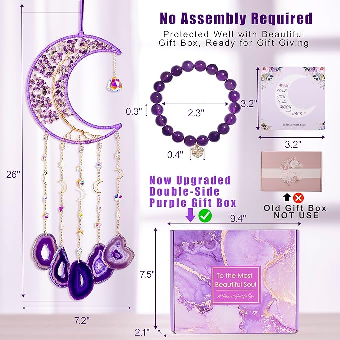 Amethyst Wind Chimes with Bracelet, 26” Amethyst Crystal Suncatcher, Heartfelt Wind Chime for Mom, Mother Birthday Gifts, Mom Gifts