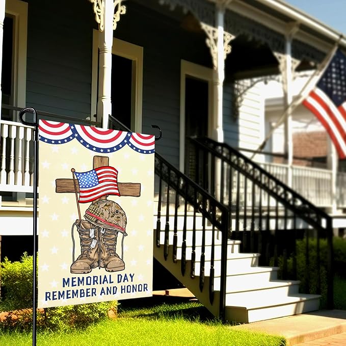 Memorial Day Garden Flag Veteran Burlap Double-sided Yard Flag Patriotic Boots Remember And Honor Brave Garden Flags Independence Day American House Banner Outdoor Decorations 12x18 Inch