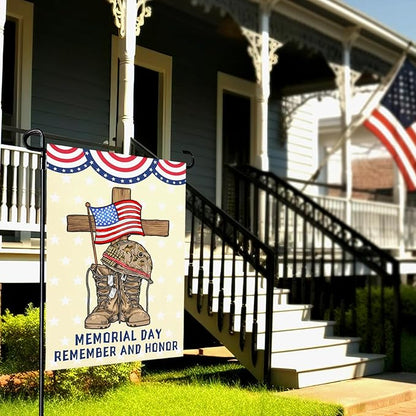 Memorial Day Garden Flag Veteran Burlap Double-sided Yard Flag Patriotic Boots Remember And Honor Brave Garden Flags Independence Day American House Banner Outdoor Decorations 12x18 Inch