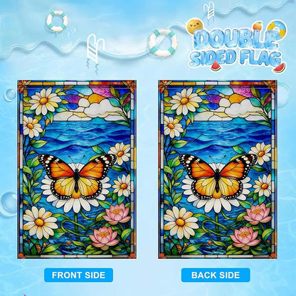 IVN Stained Glass Butterfly Garden Flag 12x18 Inch – Daisy and Water Lily Outdoor Flag, Double Sided Burlap Spring Summer Yard Flag for Porch Lawn Patio Decor