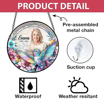 Personalized Memorial Gifts for Loss of Mom,Remembrance Gift, Hummingbirds Appear When Angels are Near - Custom Photo Window Stained Glass, Loss of Loved One, Custom Text on Glass Hanging Window