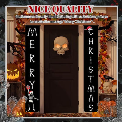 Gothic Christmas Door Banner Gothic Skeleton Christmas Decor for Outdoor, Spooky Skeleton Hanging Merry Xmas Porch Door Sign for Outside Yard Party Decor