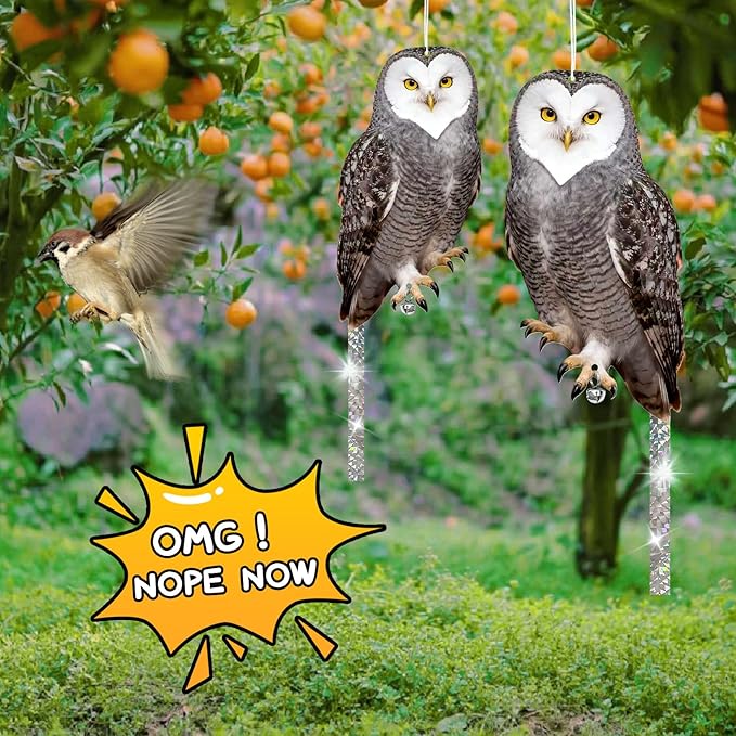 Owls to Keep Birds Away: 4Pcs Fake Owl with Reflective Tape for Orchard Garden Patio Pool, Reflective Hanging Decoration to Keep Birds Pigeon from Windows Tree Vineyard
