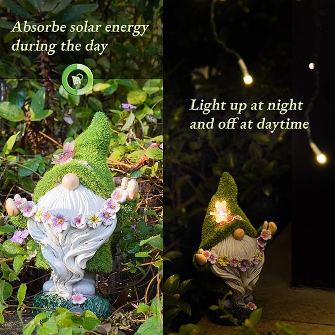 DiliComing Garden Flocked Gnomes Decor for Yard - Artificial Green Moss Gnome Statue with Solar Light, Dwarf Sculpture for Outdoor Patio Porch Lawn Decor, Spring Decorations for Home
