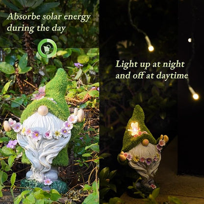 DiliComing Garden Flocked Gnomes Decor for Yard - Artificial Green Moss Gnome Statue with Solar Light, Dwarf Sculpture for Outdoor Patio Porch Lawn Decor, Spring Decorations for Home