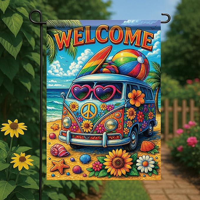 Summer Garden Flag 12x18 Inch Welcome Hippie Van Beach Surf Rainbow Peace Floral Design Outdoor Yard Porch Lawn Patio for Seasonal Coastal Boho Home Decor