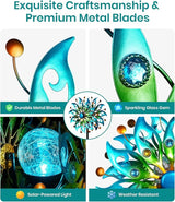 Solar Wind Spinners Outdoor – H63xW13 Metal Kinetic Garden Spinner with Crackle Glass Ball & Built-in Solar Panel – Peacock-Style Yard Wind Sculpture with LED Light