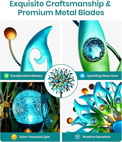 Solar Wind Spinners Outdoor – H63xW13 Metal Kinetic Garden Spinner with Crackle Glass Ball & Built-in Solar Panel – Peacock-Style Yard Wind Sculpture with LED Light