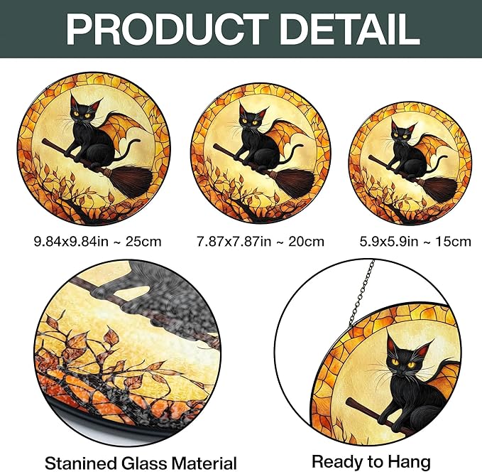 Black Cat Stained Glass Suncatcher, Halloween Cat Witch Window Hanging Decor, Pumpkin Spooky Suncatcher Decoration, Fall Season Home Outdoor Garden Decor Birthday Gifts for Women Witches Cats Lovers