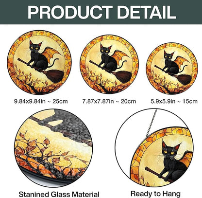 Black Cat Stained Glass Suncatcher, Halloween Cat Witch Window Hanging Decor, Pumpkin Spooky Suncatcher Decoration, Fall Season Home Outdoor Garden Decor Birthday Gifts for Women Witches Cats Lovers