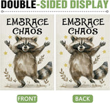 Dyrenson Funny Raccoon Decorative Garden Flag, Embrace Chaos Stars Yard Outside Home Decoration, Farmhouse Burlap Outdoor Small Decor Double Sided 12 x 18