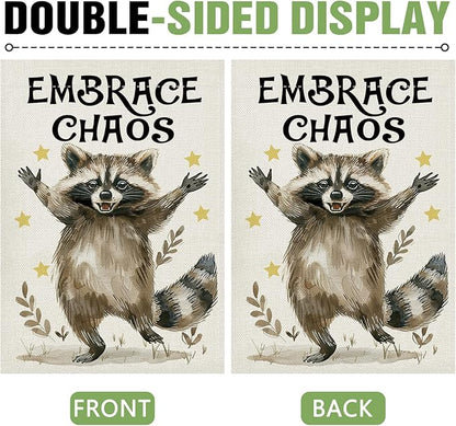 Dyrenson Funny Raccoon Decorative Garden Flag, Embrace Chaos Stars Yard Outside Home Decoration, Farmhouse Burlap Outdoor Small Decor Double Sided 12 x 18