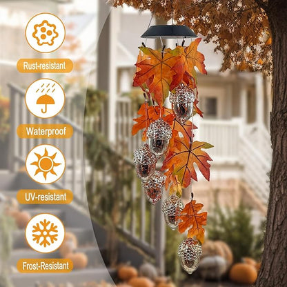 Solar Acorns Wind Chimes for Outside,Osk Leaves Danglers Mobile Lights,Outdoor Hanging Fall Decor for Garden Patio Yard,Thanksgiving Birthday Gifts for Women
