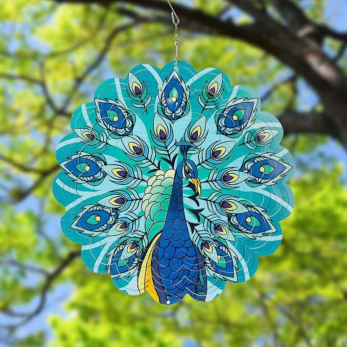 Peacocks 3D Stainless Steel Wind Spinner - Outdoor Wind Catchers, Kinetic Hanging Ornament, 12Inch Wind Spinners for Gardens and Courtyards