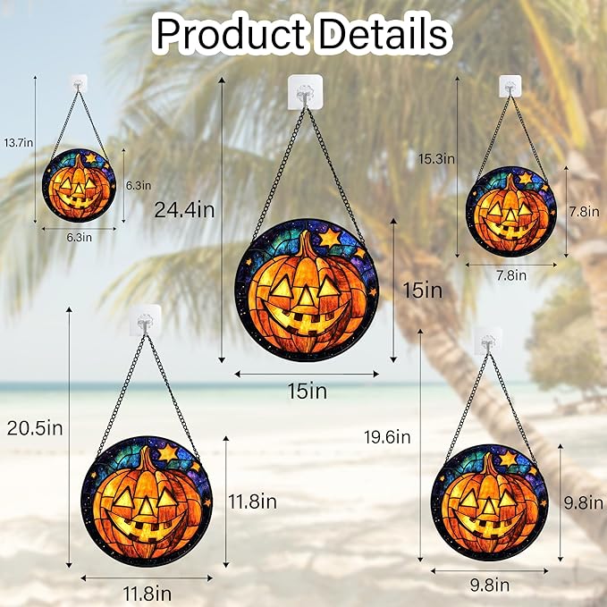 Stained Glass Window Hanging Halloween Horror Golden Pumpkin 11.8" - Suncatcher Door Garden Sunroom Gothic Style Sun Catcher Birthday for Friend Mom Men Woman Nana