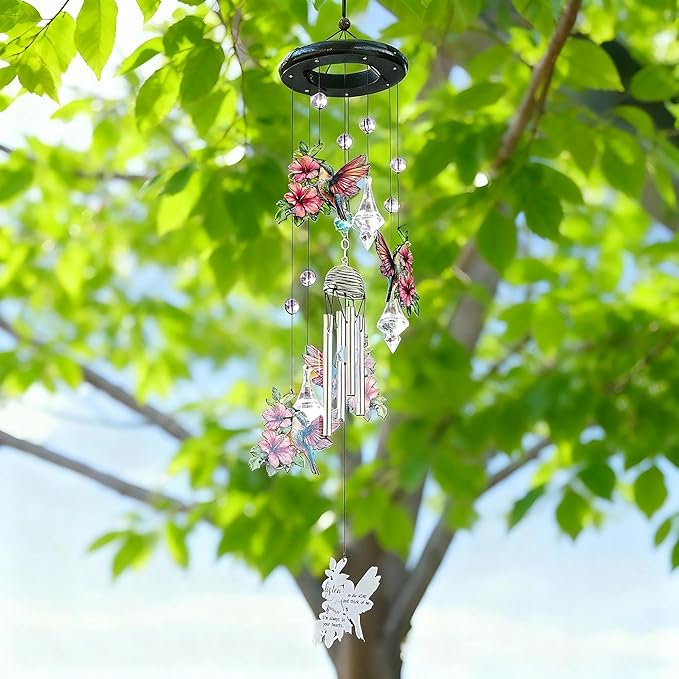 YU FENG Hummingbird Wind Chimes with Crystal Suncatcher – 27 Inch Memorial Wind Chime for Outdoor Garden Decor, Pink Hummingbird Gifts for Women/Mom/Grandma, Durable Metal Windchimes for Yard/Patio