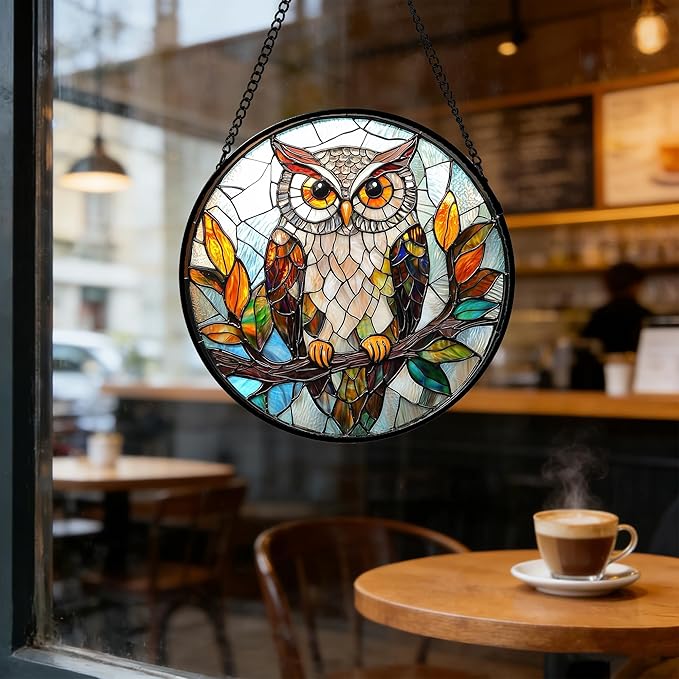 DASTOLL Stained Glass Window Hanging, Owl Colorful Leaves Birds Sun Catchers Diamond Glass Panel Hangings Suncatcher Decor for Birthday for Women, Men, Wife, Aunt, and Mom 7.8 in
