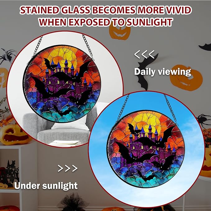 Bat Stained Glass Window Hanging, Horror Movies Decor Suncatcher for Window Hanging, Moon Sun Catchers Indoor Windows Wall Art, Gifts for Bat Lovers, Christmas Decor, for Home Garden Office 7.87 inch